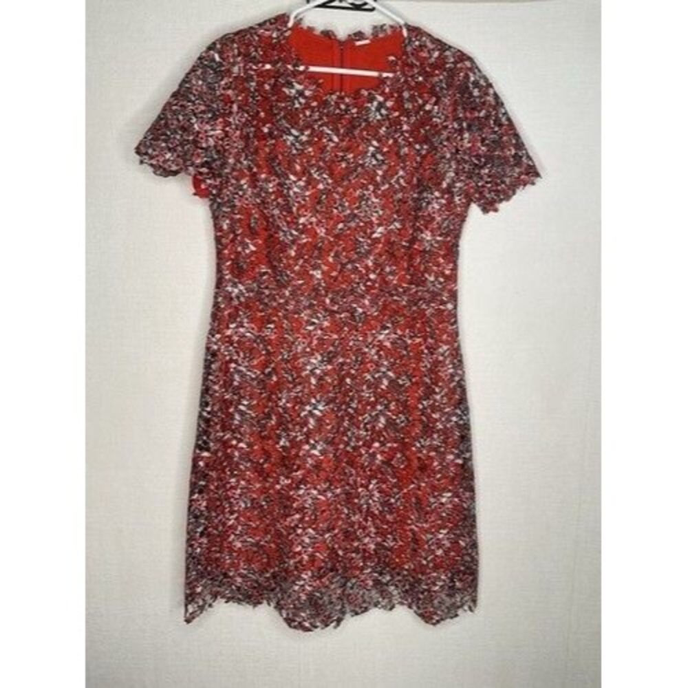 Tahari Eyelet‎ Laser Cut Short Sleeve Sheath Dress Women Size 8 Red Floral